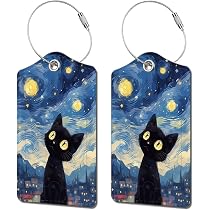 Étiquettes De Valise Chat & Ciel étoilé – 2 Pièces En Cuir Avec Protection Vie Privée Pour Bagages