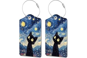 BESTEIOYO 2 Pack Luggage Tag for Suitcase, Cute Unique Leather Bag Tags Identifiers Privacy Cover ID Label with Durable Steel Loop for Women Men Kids Girls Travel, Black cat Sky