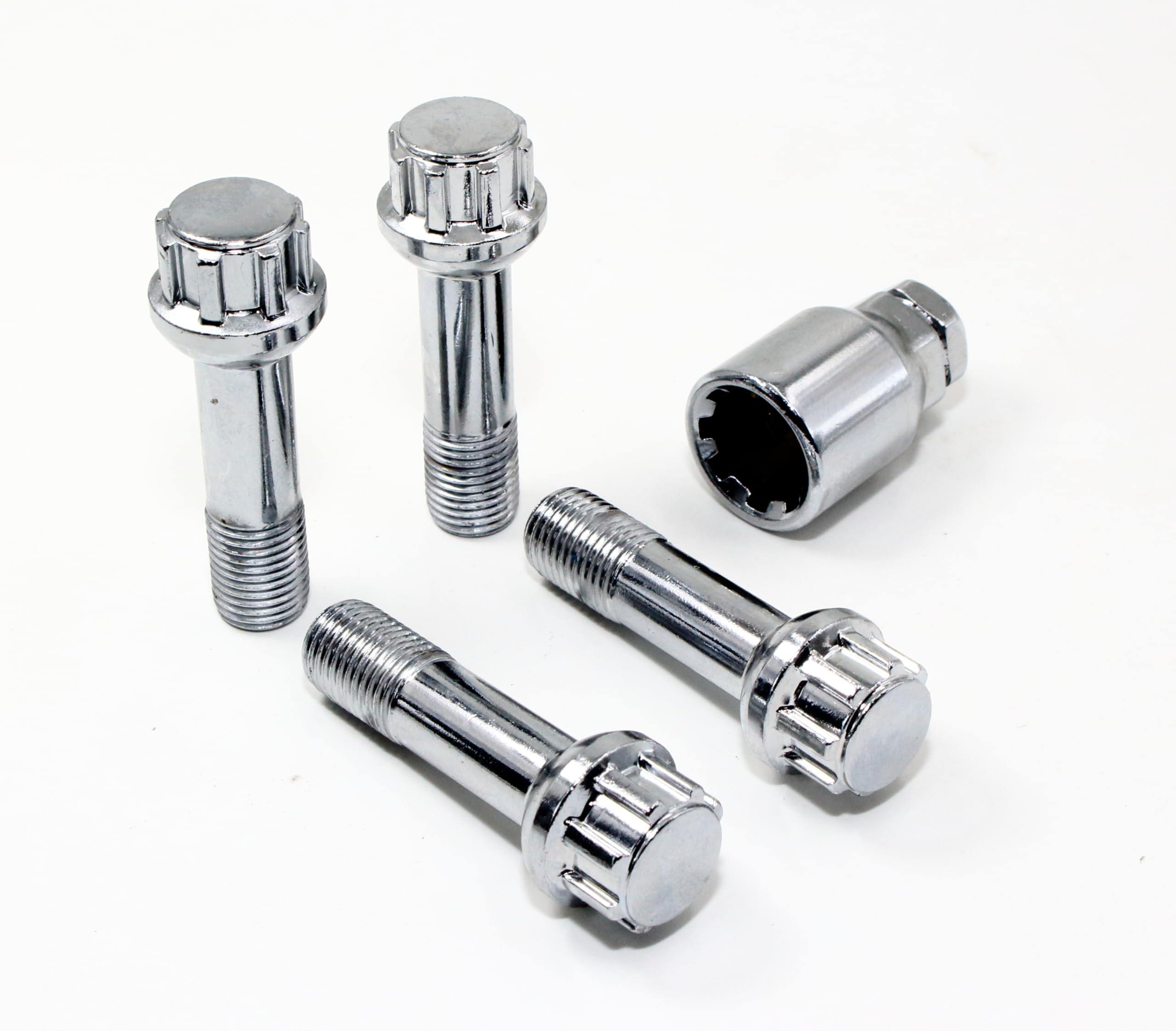 Photo 1 of Set of 4 Veritek 14x1.5mm 2.75 Inch Length 45mm Shank 19mm Key Hex OEM Chrome Ball Seat Security Wheel Bolt Locks for Mercedes Factory Wheels R12