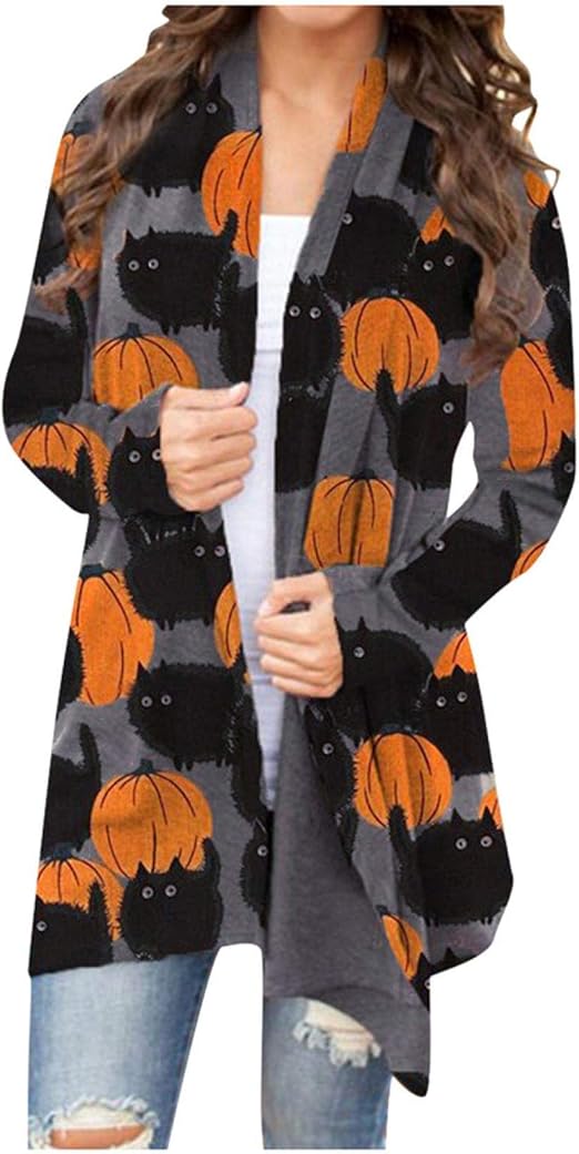 Halloween Chritmas Women's Pumpkin Cat Cardigan Long Sleeve Open Front Fall Sweater Overwear
