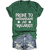 PIYEWO St Patricks Day Shirt Women, Prone to Shenanigans and Malarkey Shirts V Neck St. Patrick's Day Short Sleeve Tops