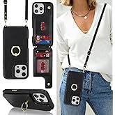 Lipvina for iPhone 16 Pro Max Case with Card Holder and Strap for Women,Crossbody Lanyard,Ring Stand,Snap Clasp,Cute Phone Wallet Cases 6.9 inch(Black)