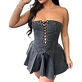 Yqisier Sexy Tube Denim Dress Corset Strapless Ruffled Hem Jean Mini Dress