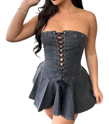 Lucuna Women's Denim Mini Dress Y2k Sexy Strapless Corset Bustier Tube Summer Pleated Jean Dress : Clothing, Shoes & Jewelry