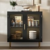 Housoul Buffet Cabinet with LED Lights &amp; 2 Acrylic Doors, Black | 32"W Modern Sideboard Buffet Cabinet with Shelf, Coffee Bar Cabinet with Metal Legs, Display Cabinet for Living Room, Kitchen