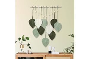 MIPON Macrame Wall Hanging Leaves Decor,Boho Handmade Woven Leaf Tassels Tapestry Gift Ideas for Nursery, Bedroom, Living Room, 15.7 X 28 Inch(Green)