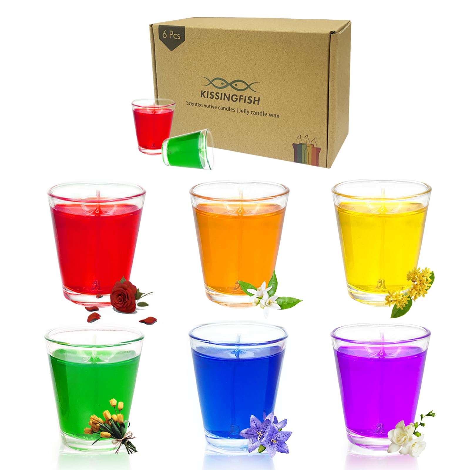 Photo 1 of 6 Pack Clear Glass Votive Candles Scented, Colored Candles for Home Deco Spa Party, Spell Candles Set for Gifts, Long Burning Time 15~16 Hours Each,Jelly Wax Made by Kissingfish