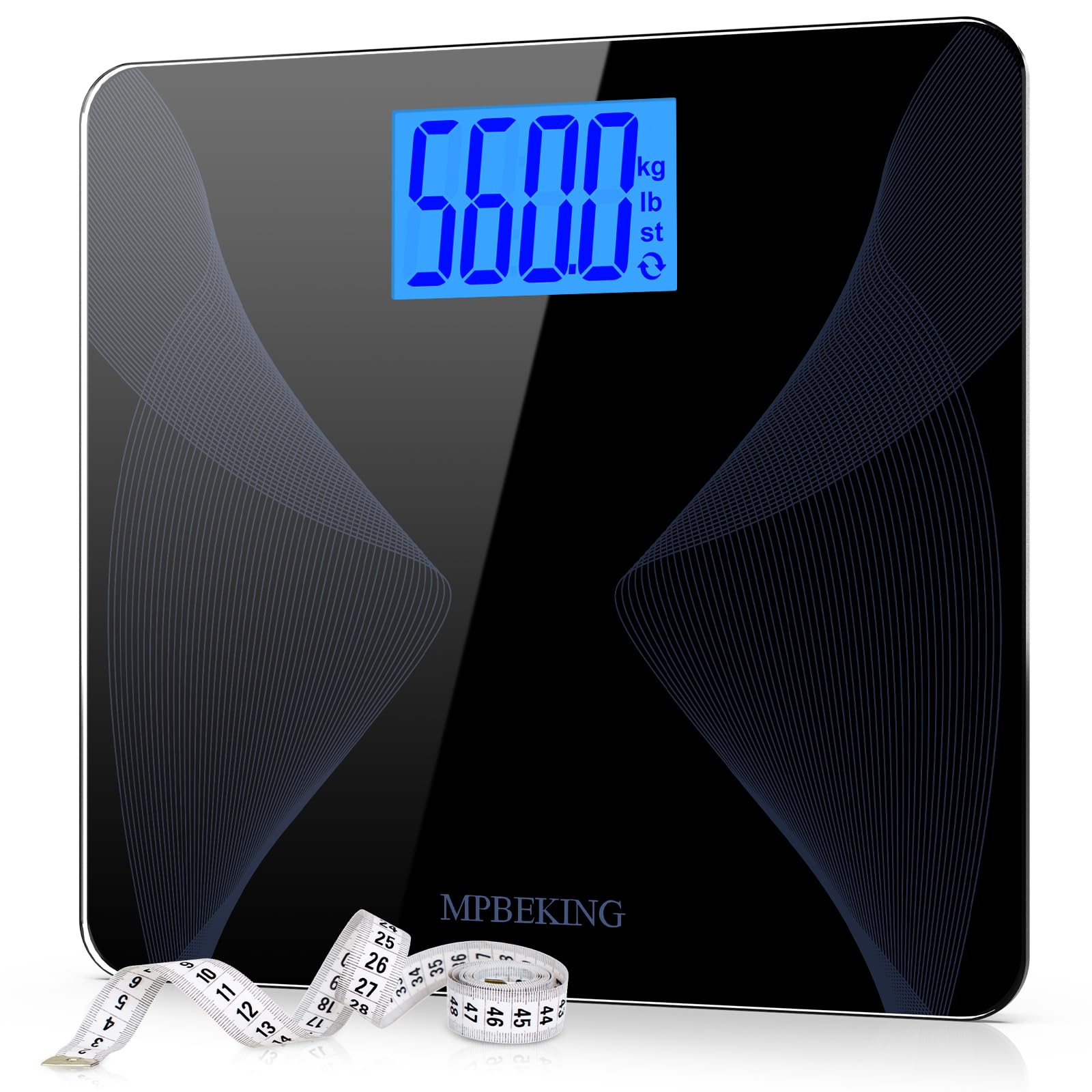 Scale for Body Weight 560lbs MPBEKING High Capacity Bathroom Scales Extra Large Platform Accurate Weighing Scale LCD Backlit Display with Tape Measure & 4 AAA Batteries (Black)