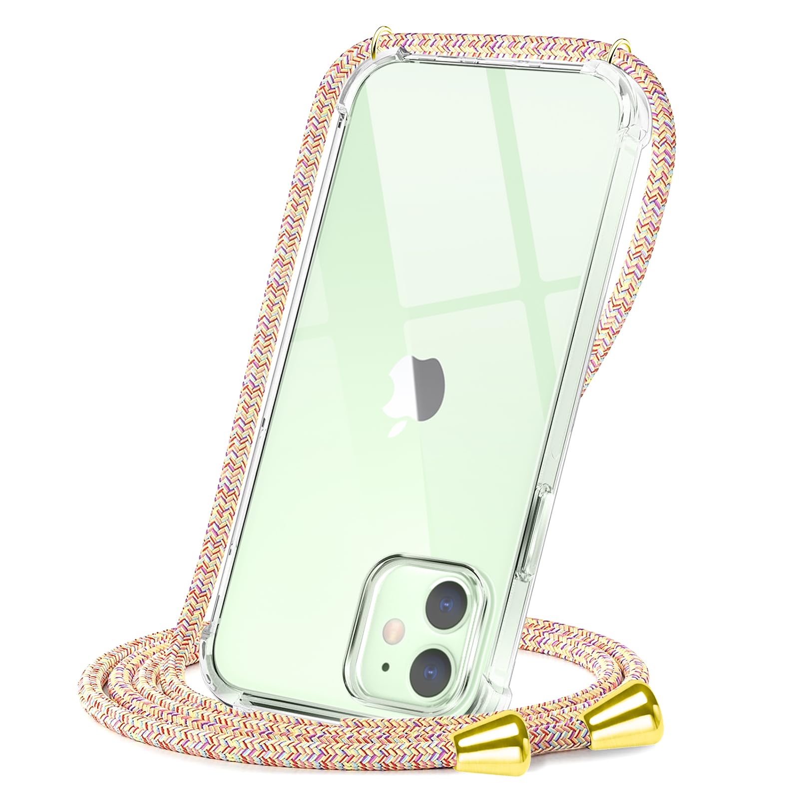 CAROKI Crossbody Case for iPhone 12 Mini, Necklace Mobile Phone Cover with Cord Strap,Clear Transparent TPU Soft iPhone 12 Mini Cover Holder with Neck Cord Lanyard Strap-Rainbow — image 1