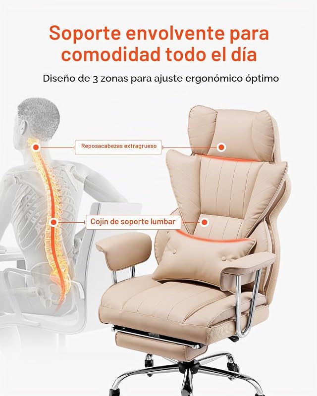 Silla de Ejecutiva de Oficina con Respaldo Alto Reposapiés Silla de Escritorio Ergonómica con Cojín de Espuma de Alta Resiliencia Silla Giratoria de Cuero PU para Trabajar, Estudiar, Marrón — foto 2 de 8