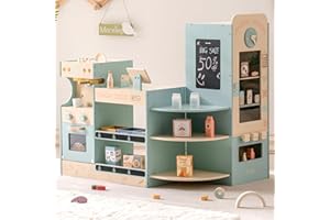 ROBUD Grocery Store Playset, Kids Play Store, Wooden Supermarket Playset with Cash Register, Chalkboard, Vending Machine, Coffee Machine, Oven, Play Food Accessories, Gift for Boys Girls 3+