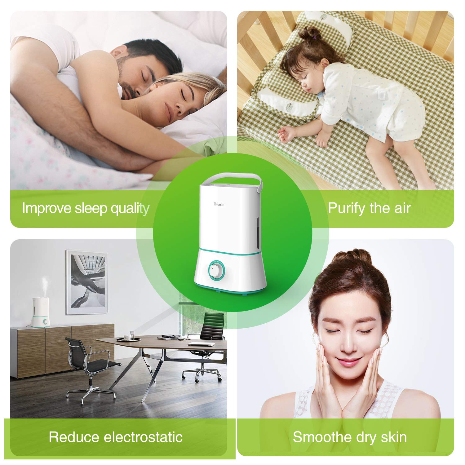 iTeknic Humidifiers, Upgrade Ultrasonic Cool Mist Humidifier for Bedroom Baby 12-50 Hours, Ultra Quiet, Easy to Clean, 360° Nozzle, Auto Shut-Off (4L/1.06 Gallon US 110V)