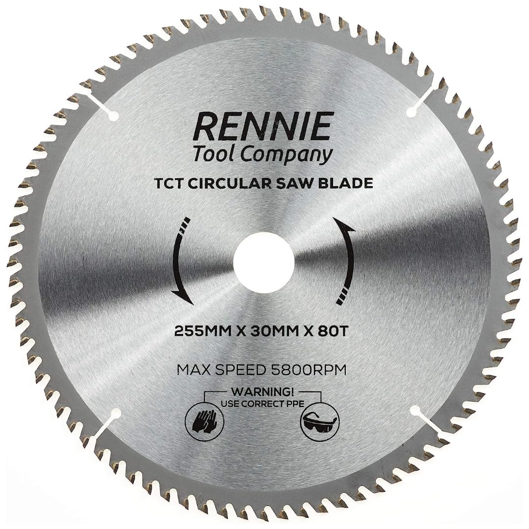 Rennie Tools - 255mm x 30mm x 80T TCT Circular Wood Saw Blade Includes 25mm 20mm & 16mm Bore Reduction Rings. Compatible with Bosch Makita Dewalt Circular Saw Etc. Fits 254mm Circular Saws