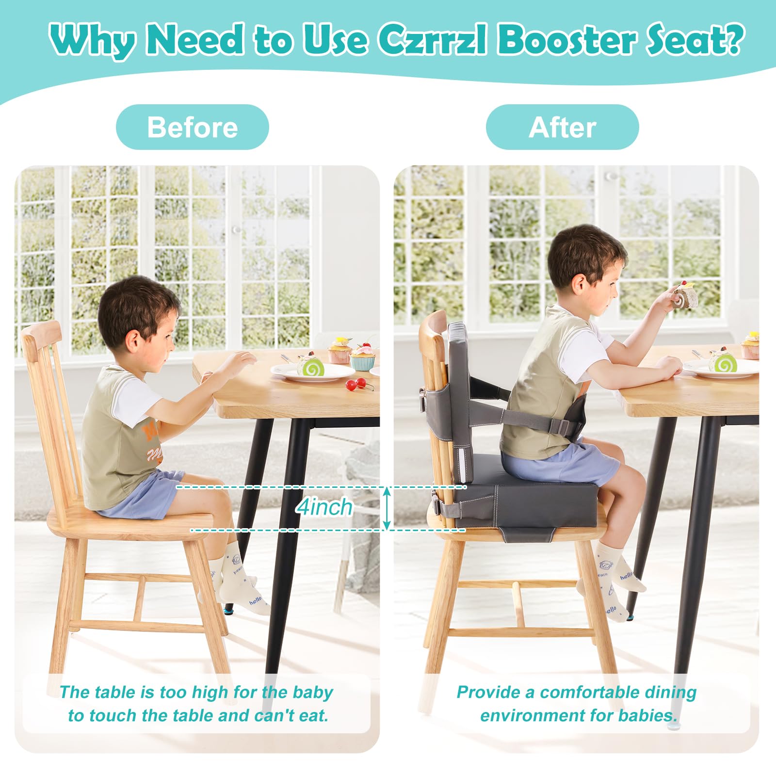 Toddler Booster Seat for Dining Table, PU Waterproof Booster Seat for Dining Table with Backrest and Adjustable Seat Belts Non-Slip Bottom Portable Travel Home Increasing Cushion for Kids Child Baby