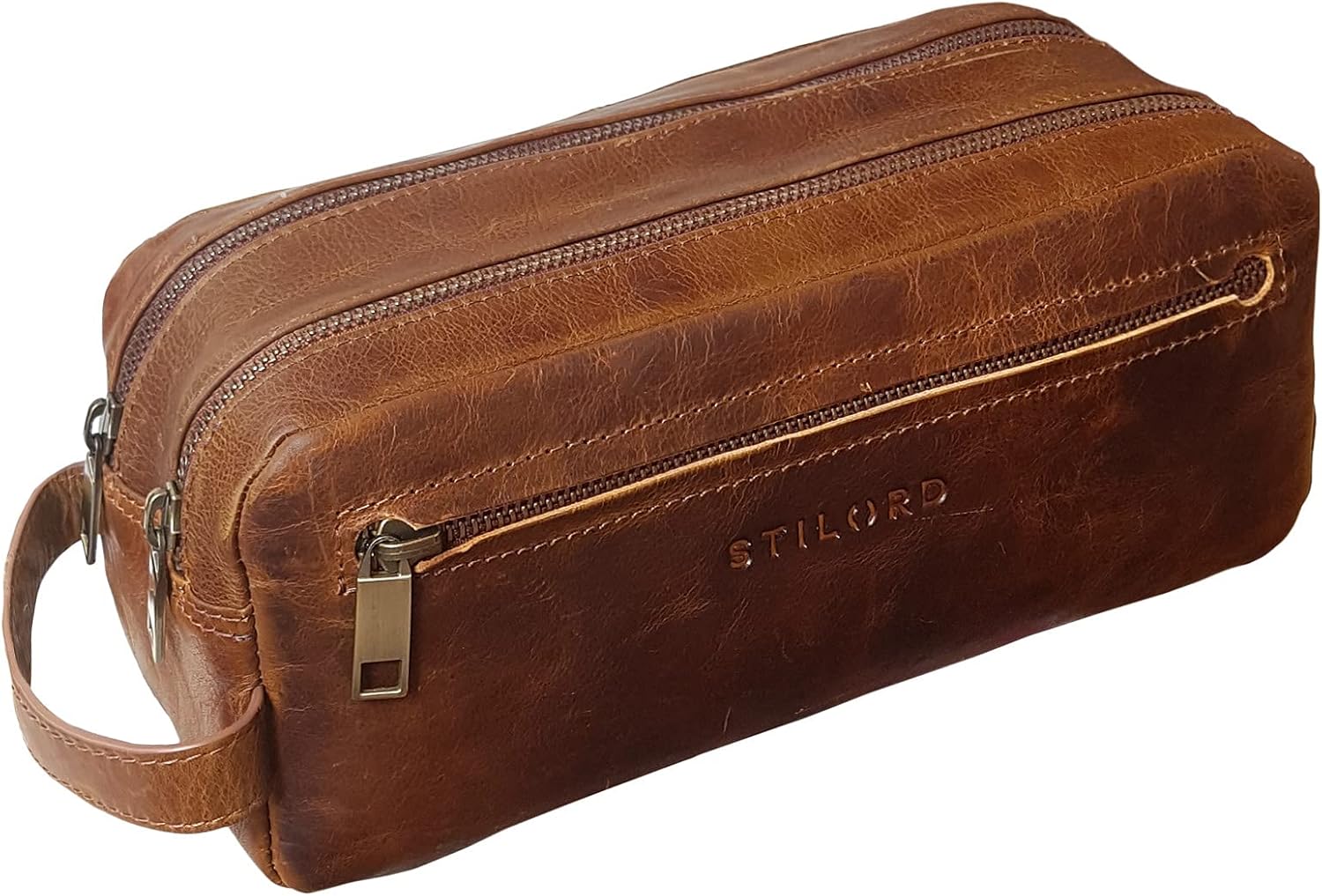 STILORD Large Toiletry Bag Washbag Travelling with Wrist Strap and Zipper Made of Genuine Vintage Leather Brown