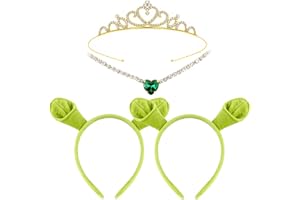 Yezmo 4PCS Green Ogre Ears Headband Set, Ogress Costume Accessories with Monster Headbands Crown Necklace for Cospaly