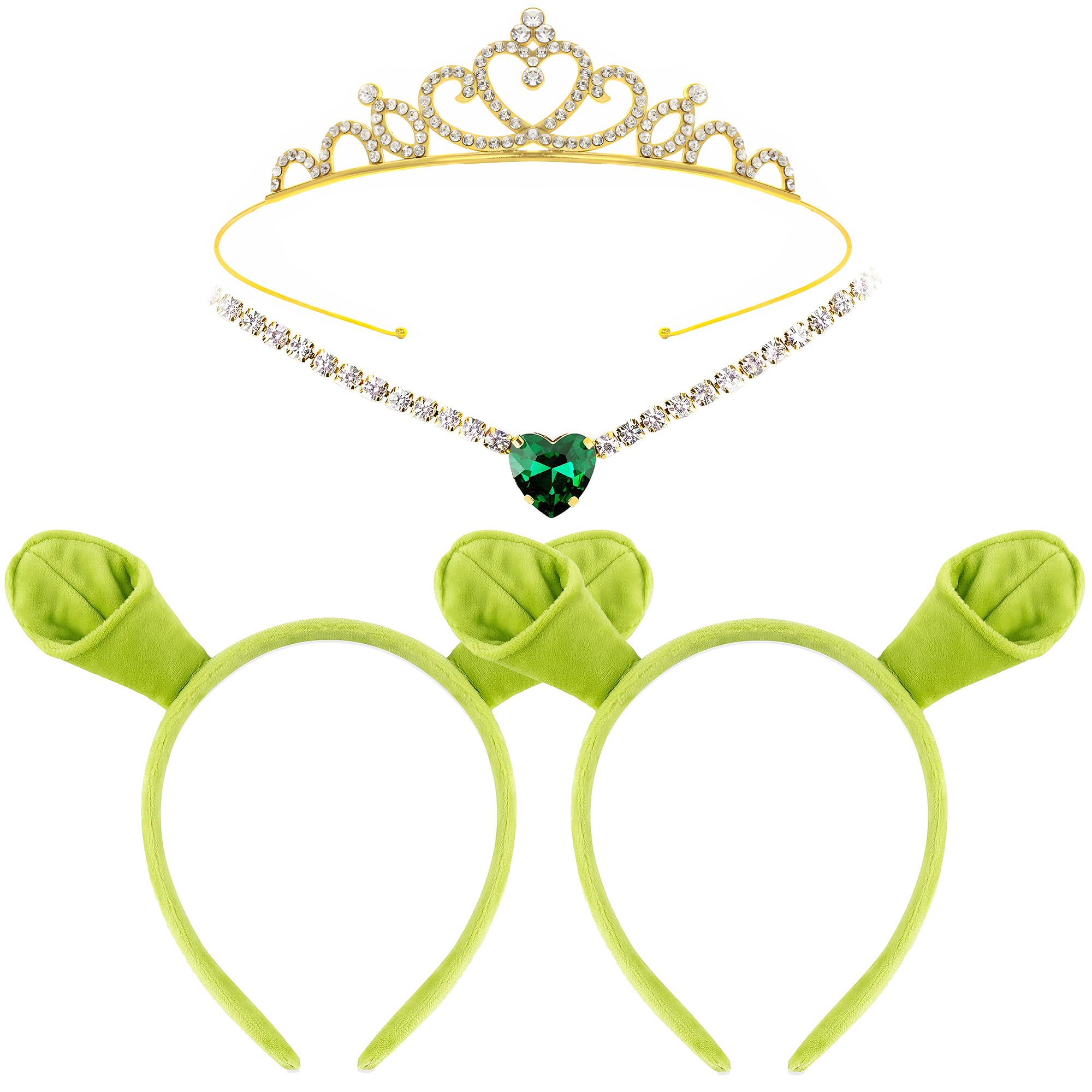 Yezmo 4PCS Green Ogre Ears Headband Set, Ogress Costume Accessories with Monster Headbands Crown and Necklace Set for Halloween Cosplay Dress up Party (Green)