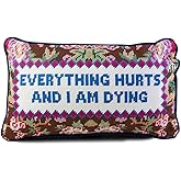 FURBISH Needlepoint Decorative Throw Pillow - Everything Hurts - 9"x15" - Small Embroidered Designer Pillow for Living Room, Couch, Sofa, Chair & Bed - Eclectic Home Decor
