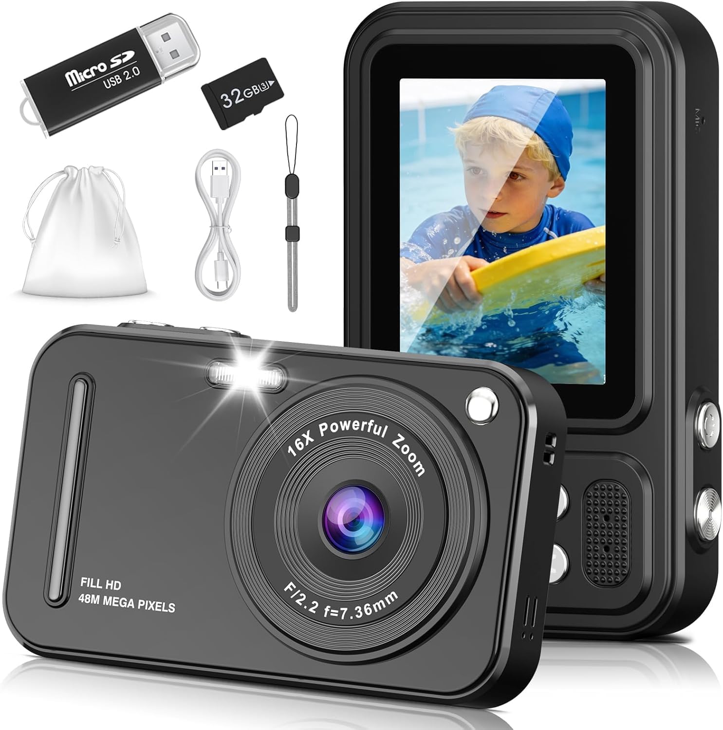 Photo 1 of Digital Camera for Kids, 48MP FHD 1080P Point and Shoot Digital Cameras with 16X Zoom Anti-Shake, Compact Portable Cameras for Photography, for Boys Girls Teens Beginners-Black