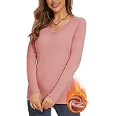 WOWENY Womens Long Sleeve Thermal Shirts V Neck Lace T Shirts Underwear Tops Basic Fitted Tees