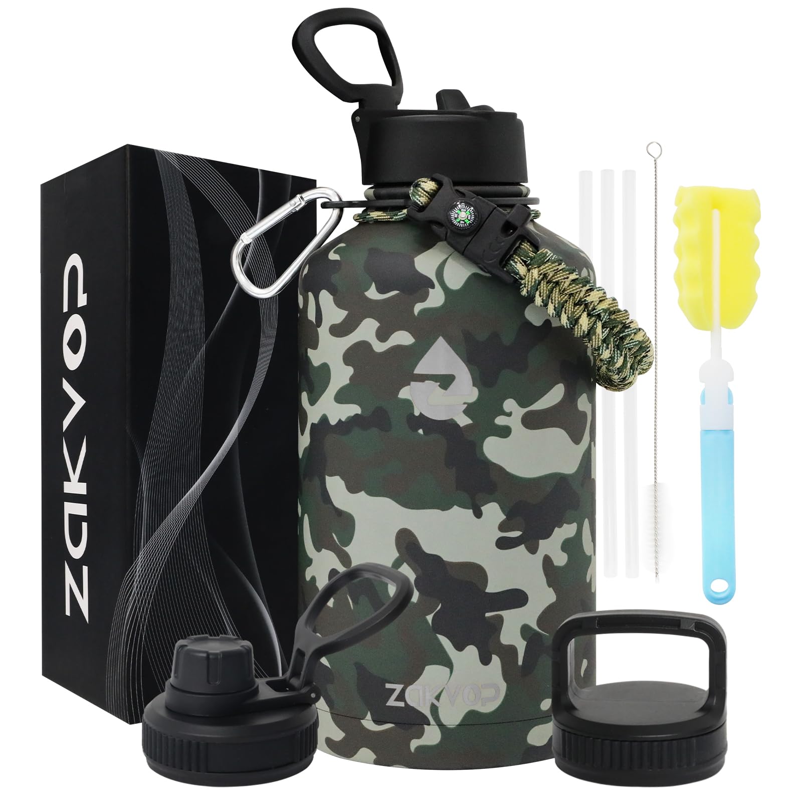 ZAKVOP 2L Insulated Water Bottle with Straws & 3 Lids, Stainless Steel with Paracord Handle, 2 Litre for Gym, Hiking, Camping