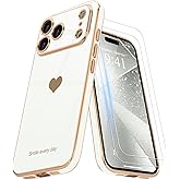 Teageo for iPhone 17 Pro Max Case with Screen Protector [2 Pack] Girl Women Cute Girly Love-Heart Luxury Gold Soft Cover Camera Protection Shockproof Phone Case for iPhone 17 Pro Max, White