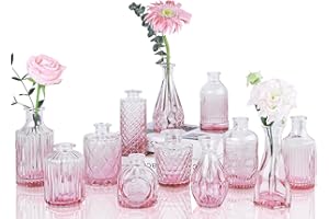 UPBUD Pink Glass Bud Vases Set of 12, Mini Flower Vase for Centerpieces, Small Vases in Bulk for Wedding Decorations, Vintage Vase for Table, Home Décor