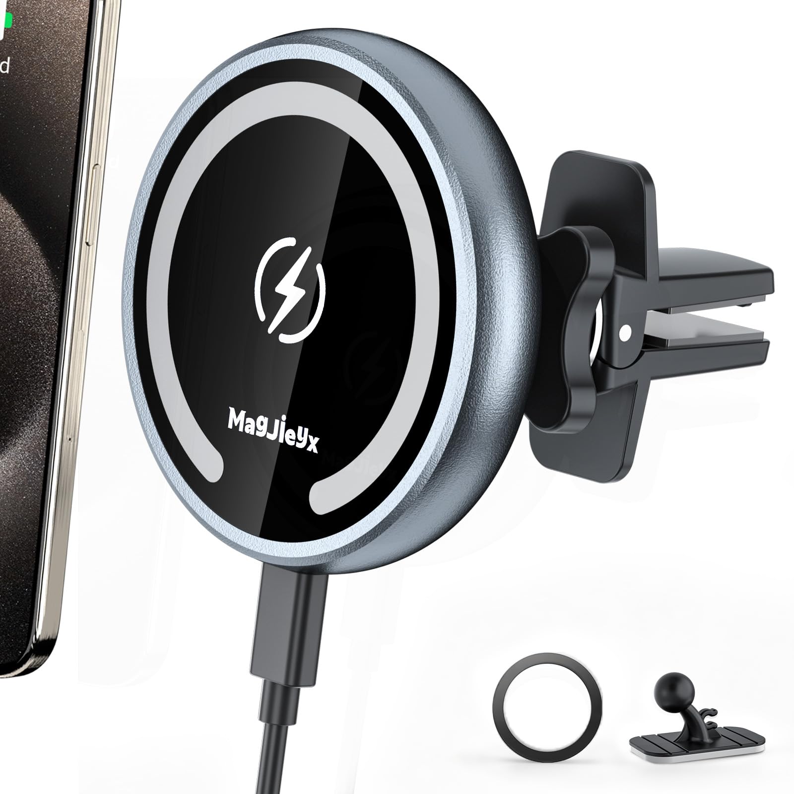 MAGJIEYX for MagSafe Car Charger, 15W Fast Magnetic Wireless Car Phone Holder with Strong N52 Magnets Ultra Stable Air Vent Clip 360° Rotation for iPhone 16 15 14 13 12 Pro Max Plus &MagSafe Case Grey