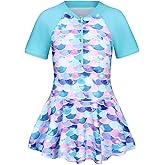 Qterdiz Girls One Piece Swimsuits Short Sleeve Swim Dress for Girls Hawaiian Skirted Bathing Suit Summer Swimwear 3-16 Years