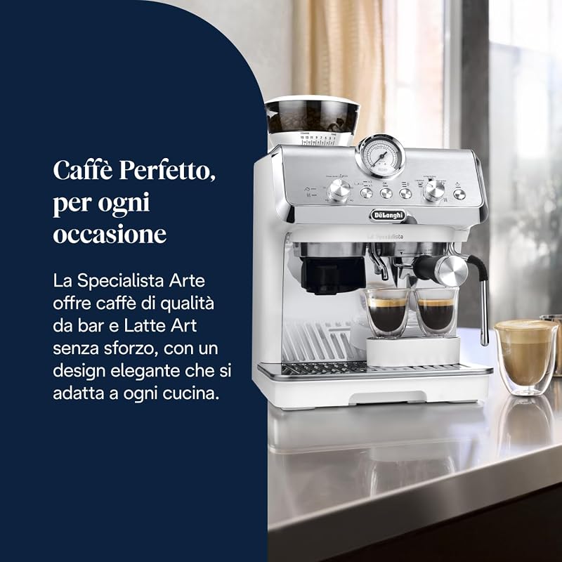 LA SPECIALISTA ARTE EC9155.W Macchina da caffè Manuale, 3 Ricette Preimpostate, Controllo Attivo della Temperatura, 8 Livelli di Macinazione, Lancia MyLatte Art, incluso KIT BARISTA, Bianco