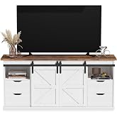 JUMMICO TV Stand for 65" TV, 4 Drawers, Sliding Barn Doors, Bright White | Farmhouse Entertainment Center with Storage Cabinets and Shelves, Rustic Media Console for Living Room and Bedroom