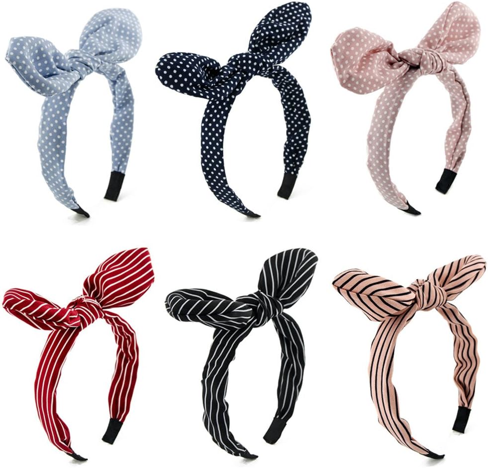 Carede Wired bow Headband With Polka Dot Style and Stripe Pattern Bowknot Plastic Headband for Women and Girls