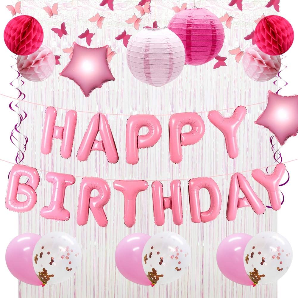 Happy Birthday Balloons Decorations Banner, Pink Butterfly Garland, Birthday Party Balloons, Paper Lanterns, Honeycomb Balls, Party Hanging Swirls Ribbons, Foil Fringe Curtains
