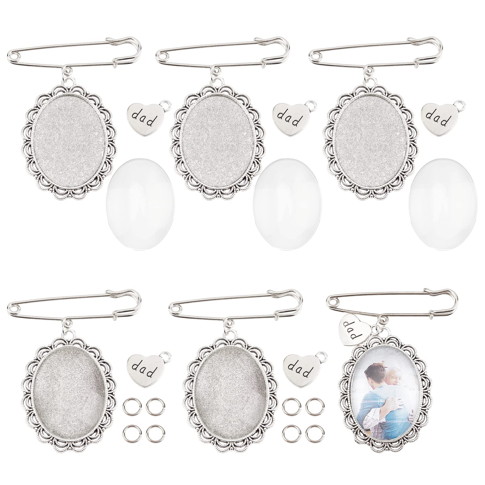 INFUNLY 6 Set Wedding Bouquet Photo Charm DIY Memorial Picture Charm Pin Lacy Oval Bridal Charm Heart Brooch Charms for Wedding Bachelor Party Bride Bouquet