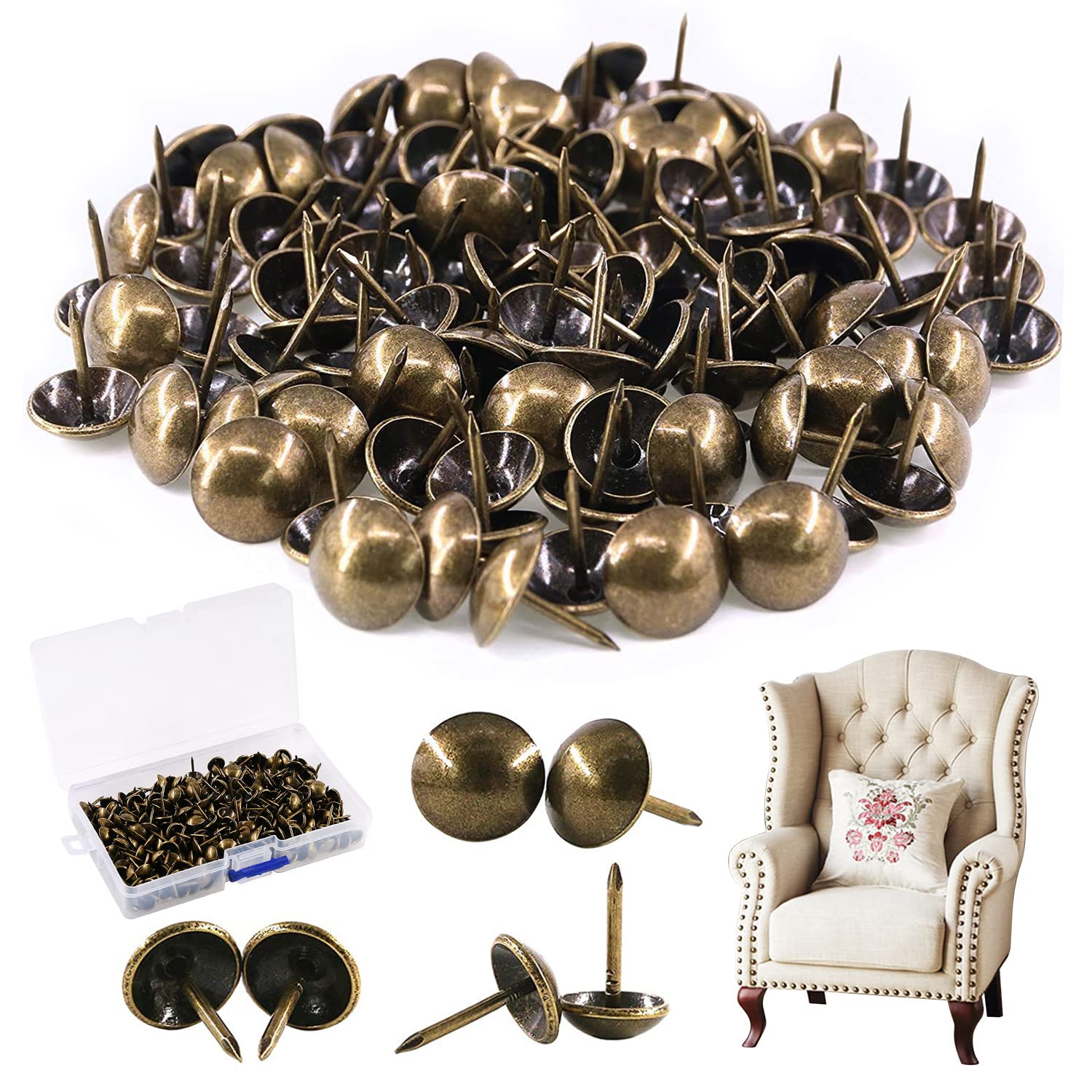 Rustark 300Pcs 11mm x 17mm Antique Upholstery Decorative Tacks Furniture Sofa Thumb Tacks Nails Pins Assortment Kit for Upholstered Furniture Cork Board - Bronze