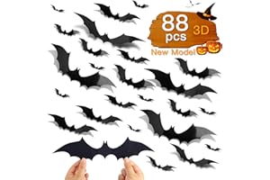AKEROCK Bats Wall Decor, 88 Pcs DIY 3D Bats Halloween Decorations, 4 Different Sizes PVC Bat Stickers for Home Decor/Indoor Party Decorations, Double-Sided Adhesive Included