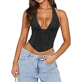 UNCOOYEE Women Sexy Lace Halter Neck Tank Top Sleeveless Backless Y2k Trendy Going Out Corset Crop Tops