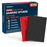 Shinboc 20 PCS Sanding Sponge 600 Grit, Hook and Loop Sandpaper Block | 3 x 4 Inch, Wet Dry Sand Paper, Washable and Reusable, Soft Foam Pads for Wood Furniture Metal Automotive Paint