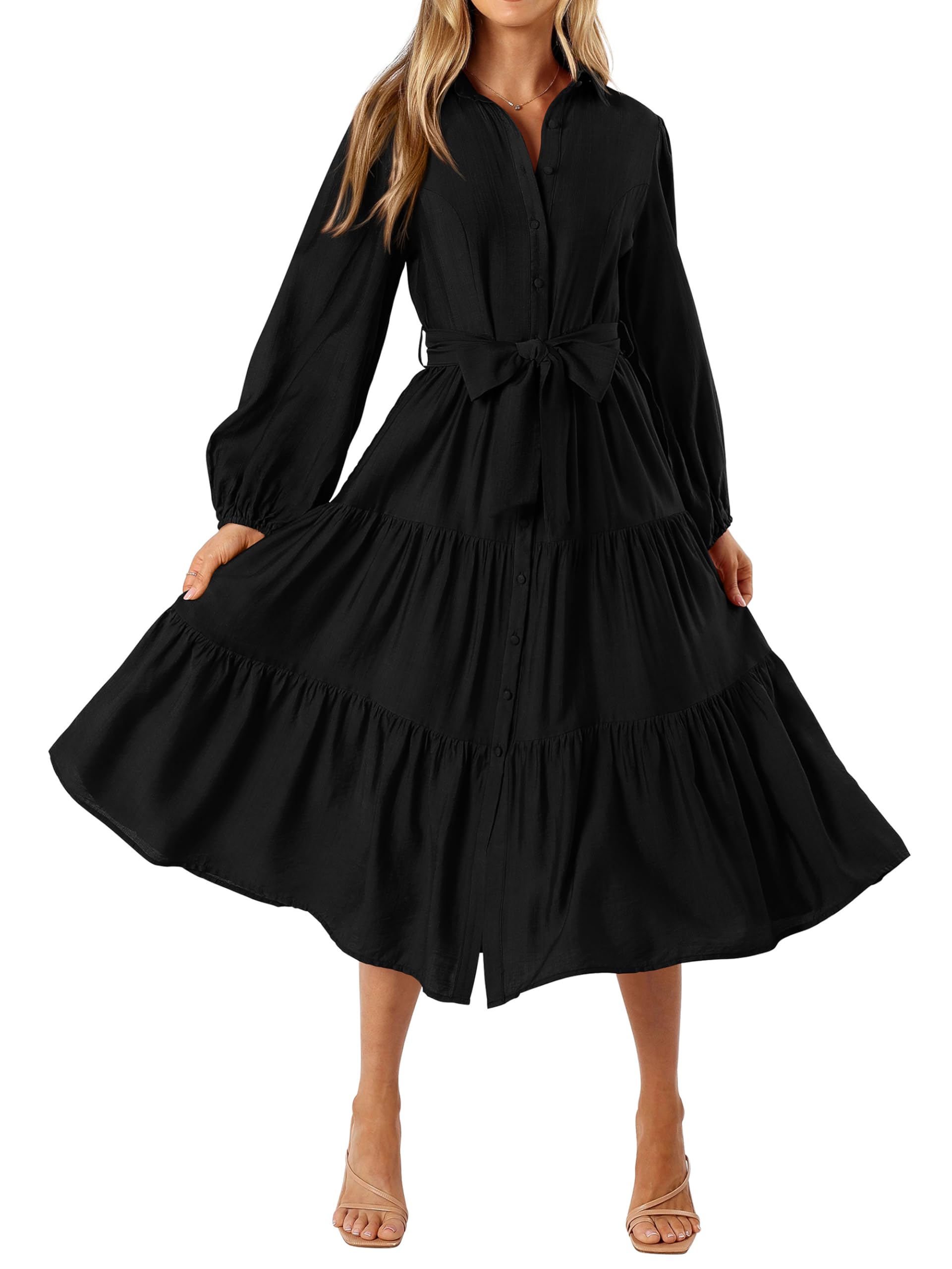 Photo 1 of MASCOMODA Womens Dresses 2025 Fall Long Sleeve Midi Dress Casual V Neck Button Down Tiered Flowy Aline Tie Waist Shirt DressBlack,XX-Large