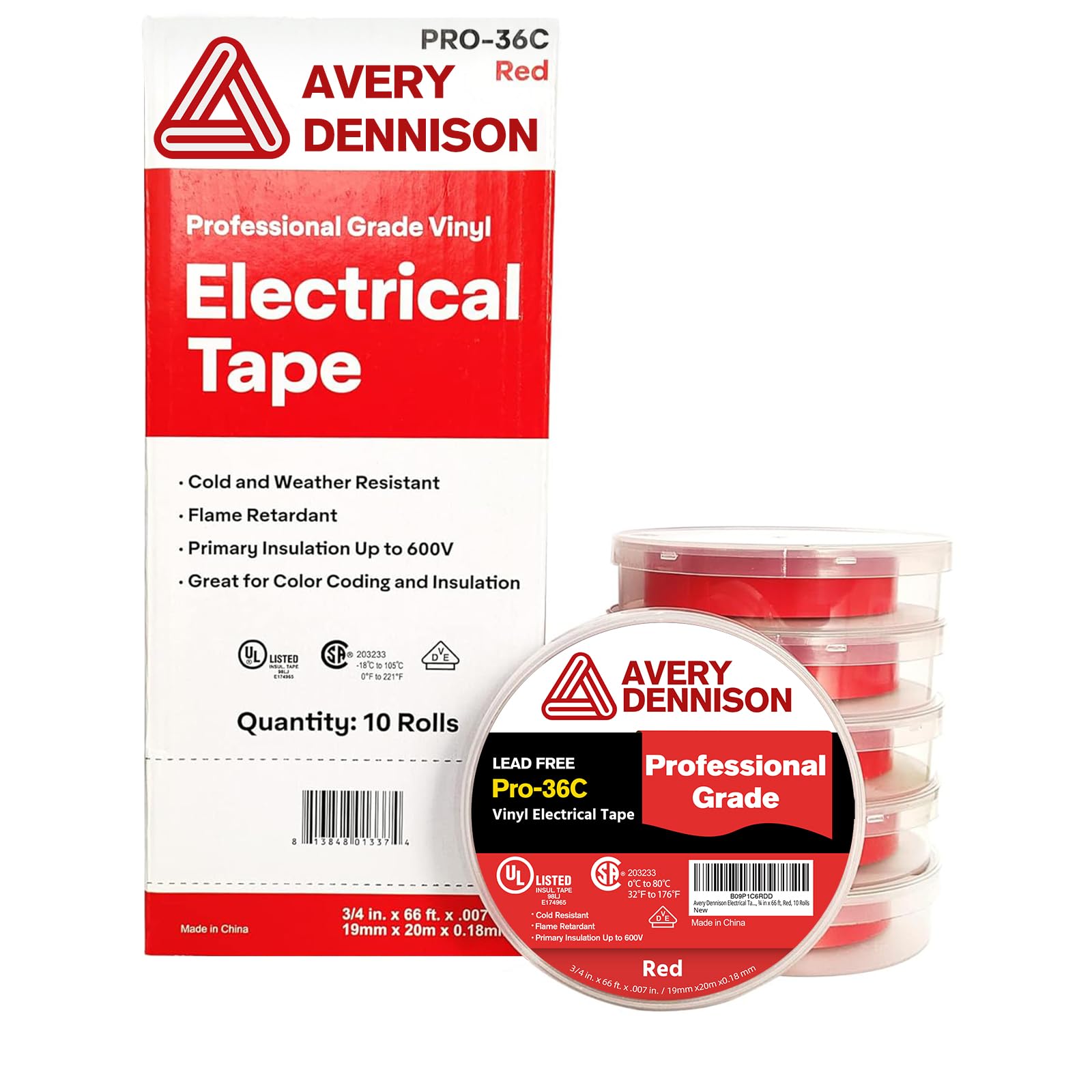 Avery Dennison Electrical Tape, 10 Rolls Professional Grade PVC Electric Tape, UL/CSA Listed ¾ in x 66 ft Insulating Vinyl Tape for Electrical, Repairs, Automotive and Equipment, Pro-36C, Red Image