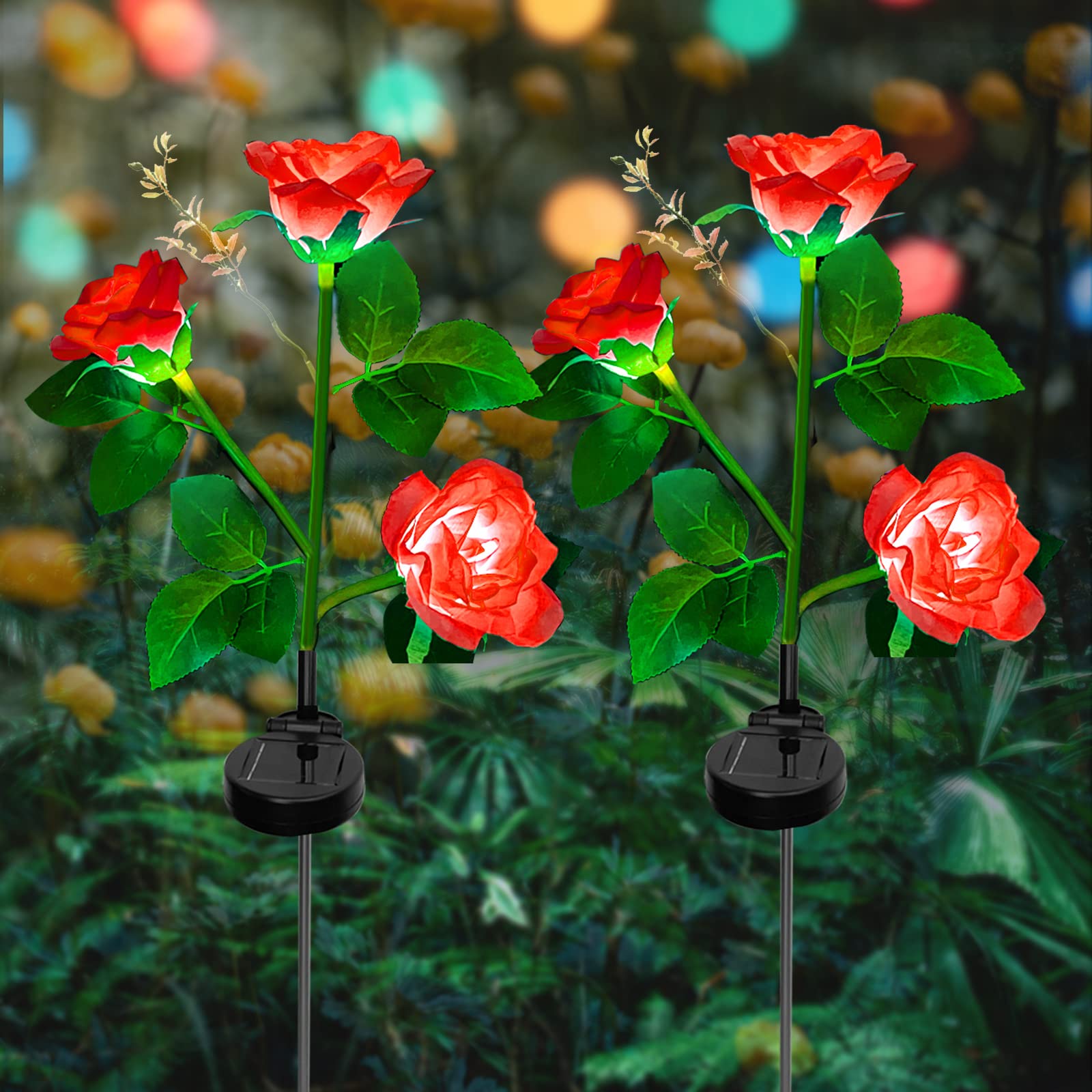 ZVO Solar Lights Outdoor Garden, LED Solar Powered Flowers Lamp Waterproof Ornament with 6 Bigger Rose, Solar Garden Outside Lights for Pathway Wedding Grave Christmas Decoration(2Pack Red)