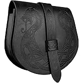 HiiFeuer Viking Embossed Langskip Belt Pouch, Medieval Faux Leather Flap Saddle Side Bag Purses, Retro Portable Belt Bag (Black A)
