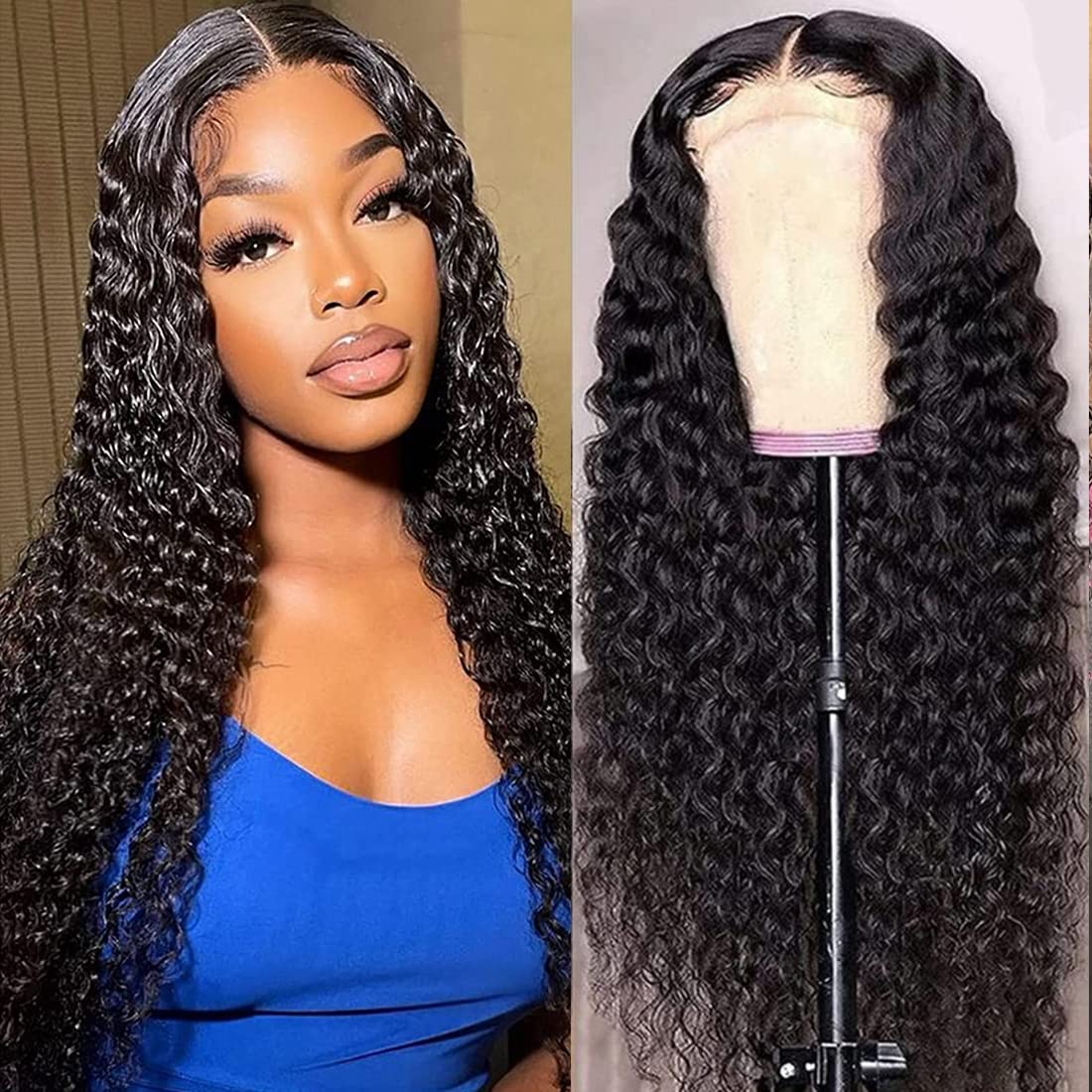 BLACKMOON HAIR 13x4 Frontal Lace Wig Human Hair Deep Wave Lace Front Wig 24inch For Black Women 150% Density Brazilian Virgin Remy Hair Glueless Pre Plucked Nature Color Hair