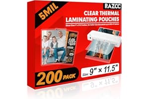 RAZCC Laminating Sheets, 200 Pack Clear Thermal Laminating Plastic Paper Laminator Sheets, 9 x 11.5-Inch, 5mil, Ideal Office or School Supplies