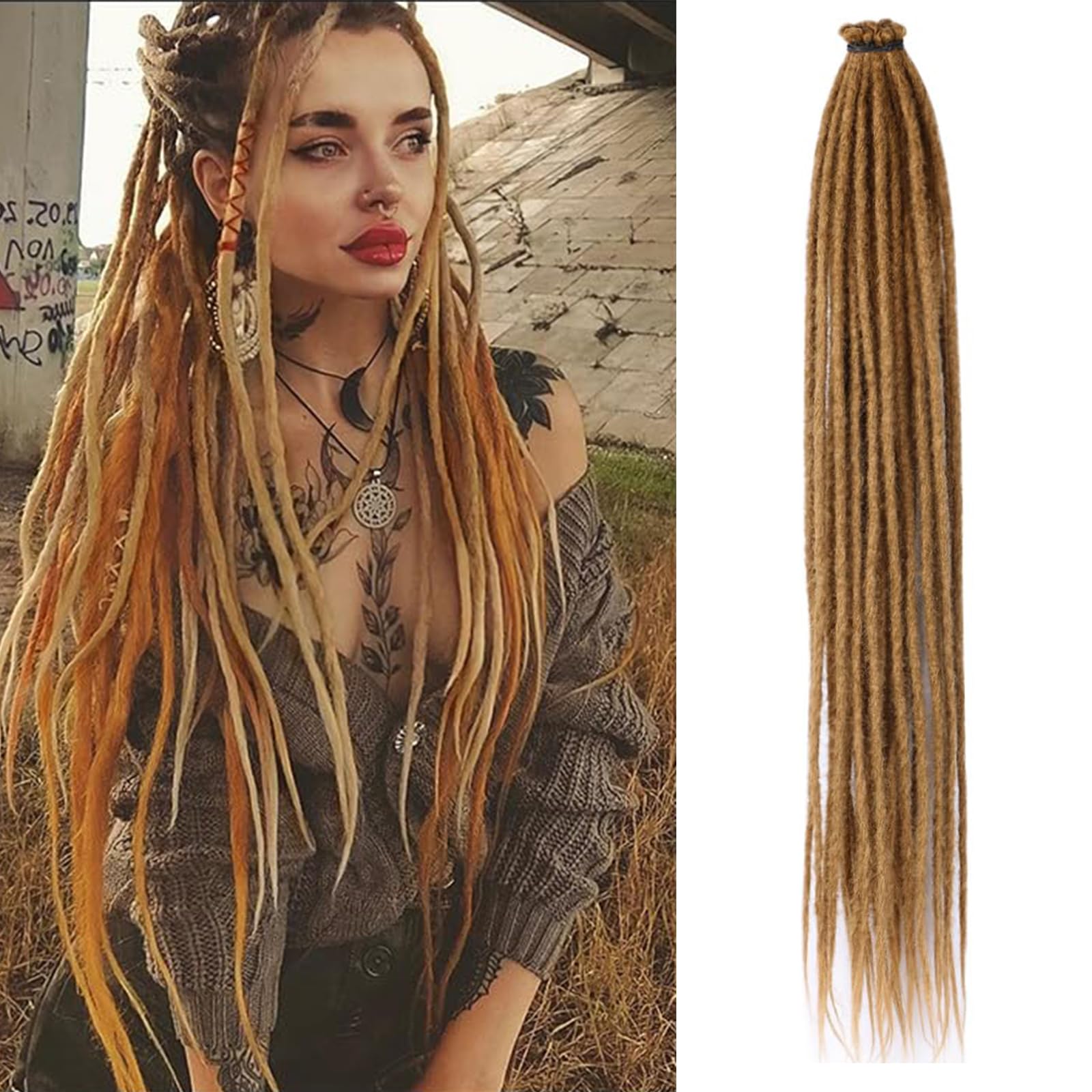 Dreadlocks Extensions 24 Inch Ombre Blonde 10 Strands Handmade Dreadlock Crochet Hair Braids Synthetic thin 0.6cm Hippie Straight Single Ended Dreads Locs Crochet Hair for Women (27, SE 10 Strands) — image 1