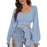 Rooscier Women's Ruched Wrap Square Neck Flounce Long Sleeve Self Tie Crop Top Blouse