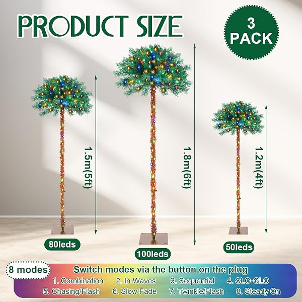 NUANCHU 3 PACK 4/5/6FT LIGHTED PALM TREE CHRISTMAS PRE-LIT ARTIFICIAL PALM TREE 8 MODE WITH TIMER MULTI-COLOR LED LIGHTS METAL BASE, TROPICAL XMAS DECOR FOR PATIO YARD POOL, INDOOR OUTDOOR USE