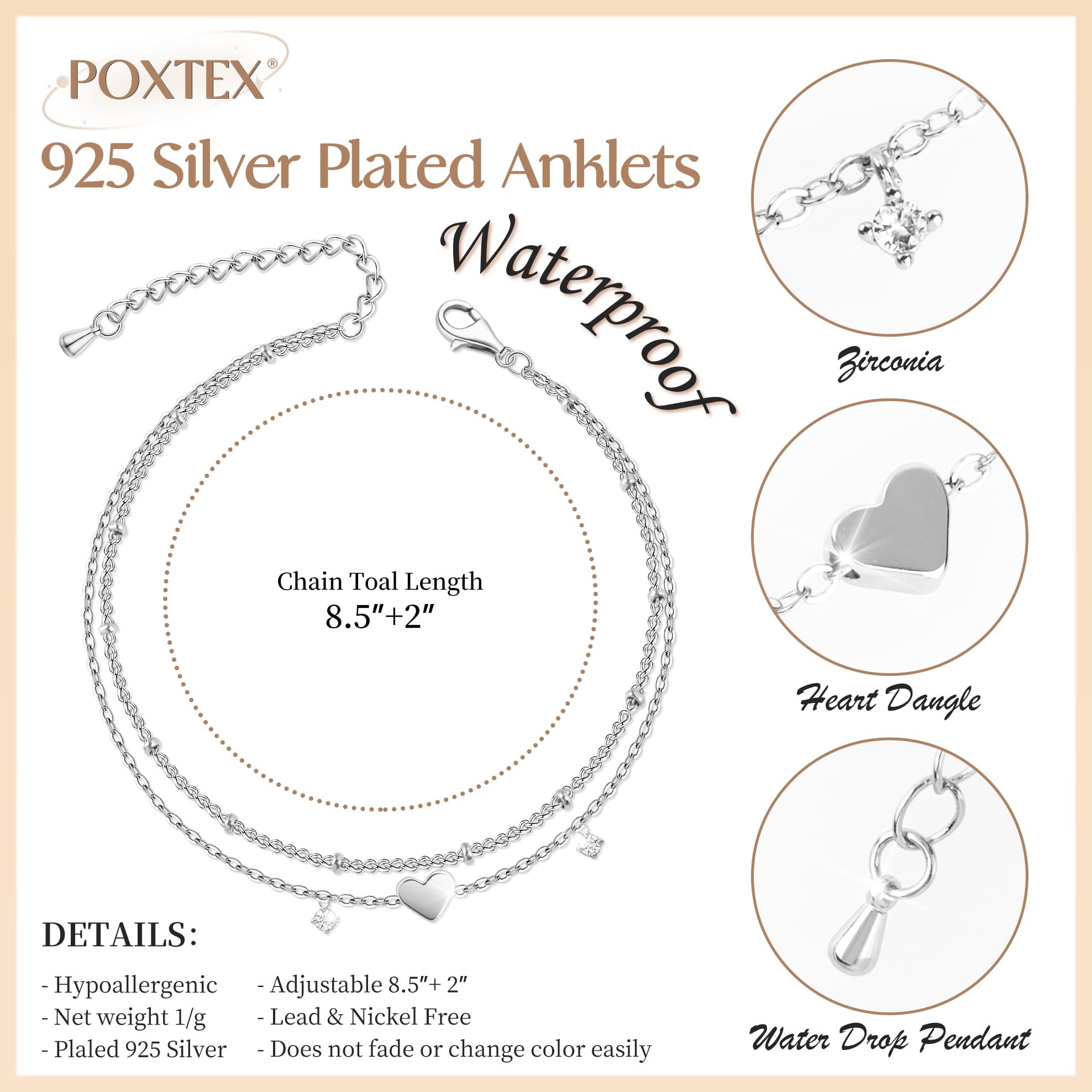 Poxtex Sterling Silver Anklet Bracelets for Women Waterproof, 925 Sliver Plated CZ & Heart Charm Dainty Layer Anklets for Women Trendy, Simple Chain Anklets Set Gifts for Women, Jewelry Gifts for Her Women Mom Wife Girlfriend