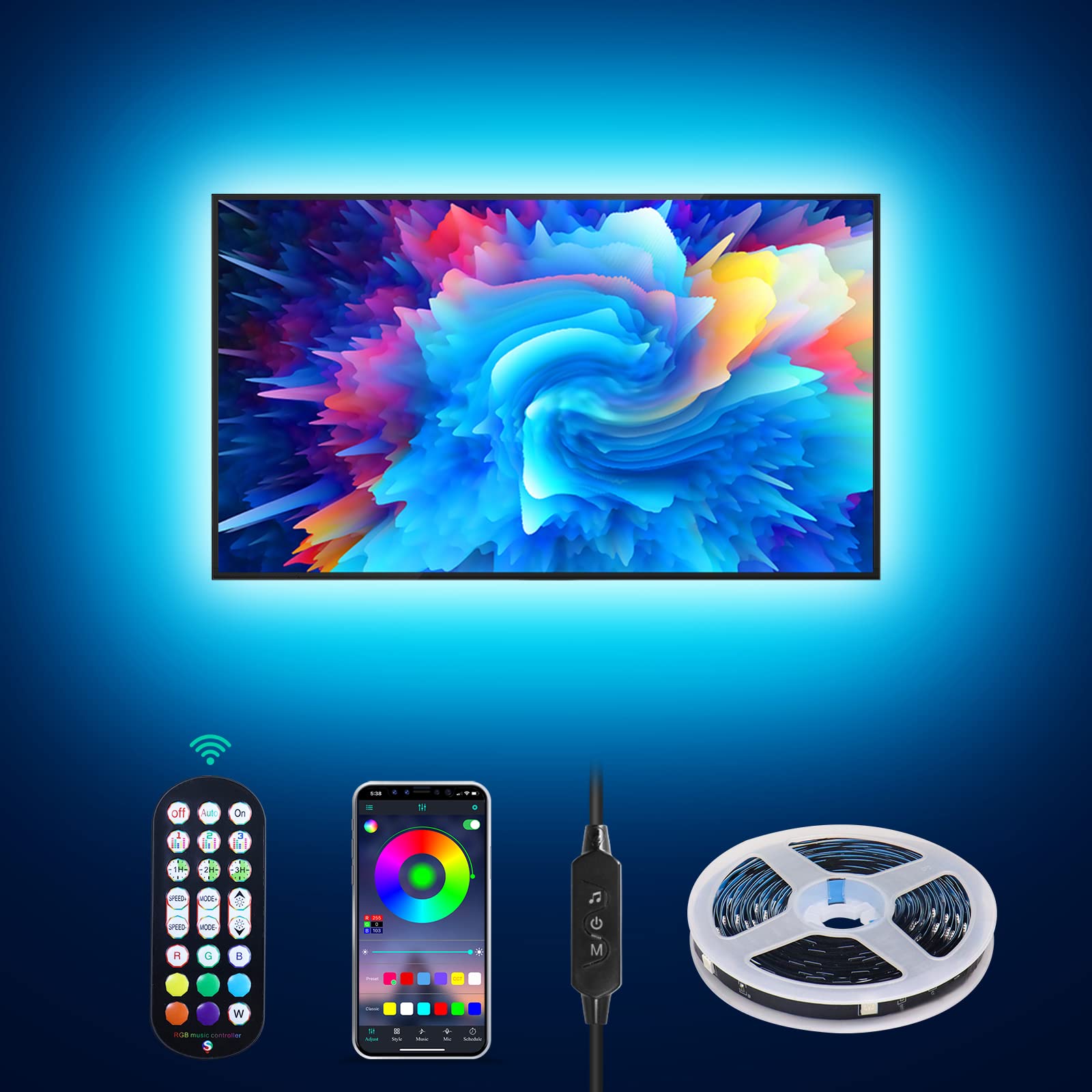 Daymeet TV Led Lights, Led Lights for TV Backlight 4M USB Lights Strip for 55-75 inch Monitor Behind Lighting RGB Color Changing Strip Light with Remote Music Sync APP Control