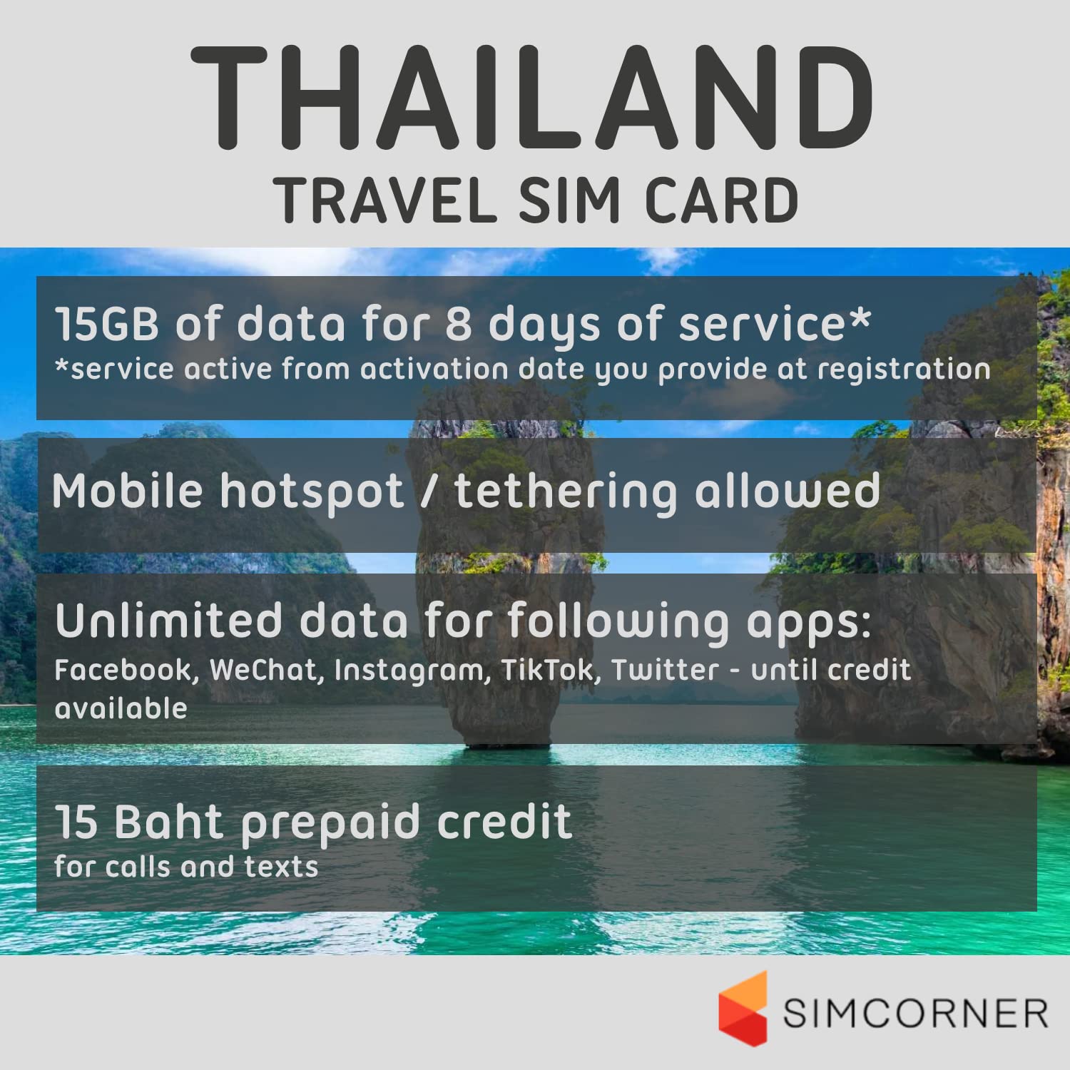 Thailand Travel SIM Card (15 GB, 8 Days). AIS Thailand SIM Card for Tourists w/Free AIS WiFi & Prepaid Talktime. 3-in-1 4G Hotspot Card w/Standard, Micro, & Nano SIM Card for Unlocked Phones